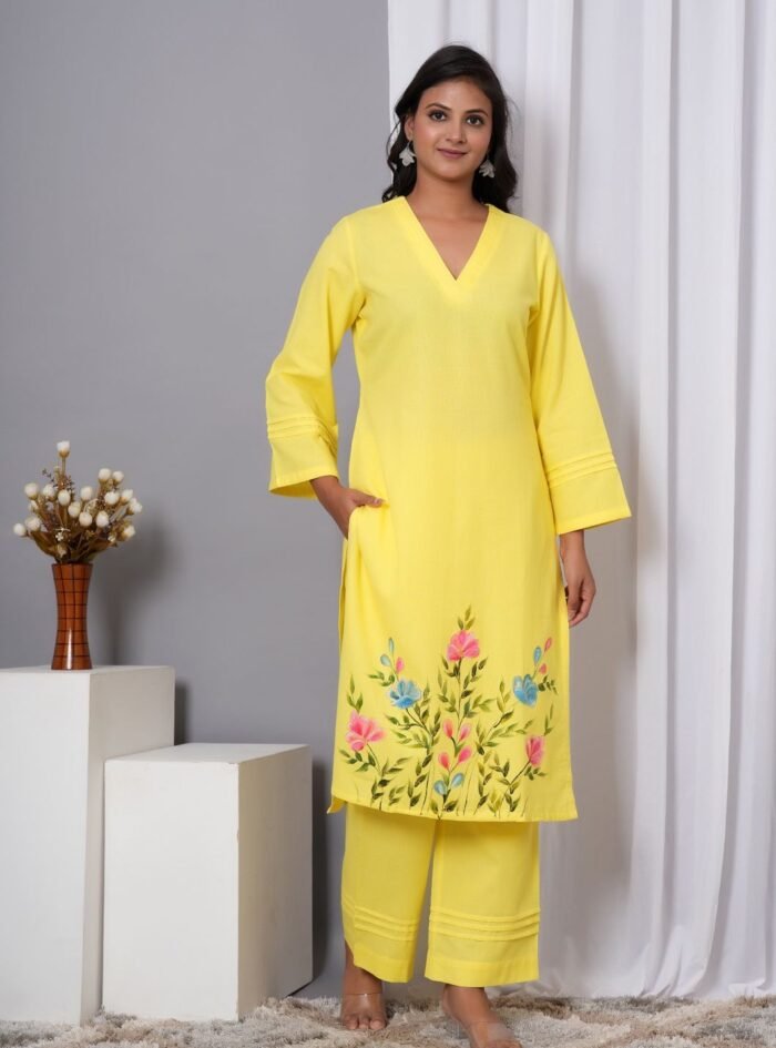 Yellow Haindpaint Kurti set