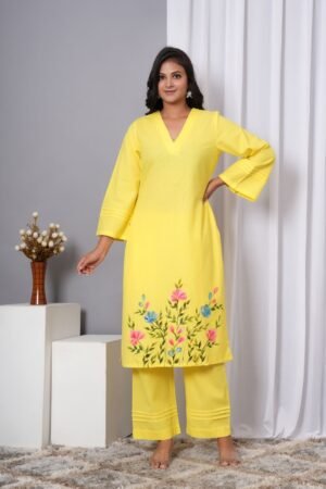 Yellow Handpaint Kurti Set