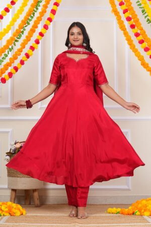 Classic red handwork Anarkali suit