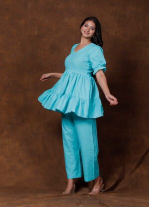 Sky Blue Tiered Peplum Co-ord Set