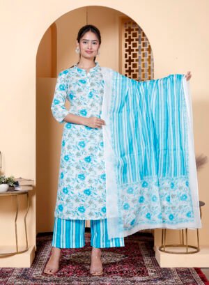 Blue Floral Printed Kurta Set with Striped Palazzo & Dupatta